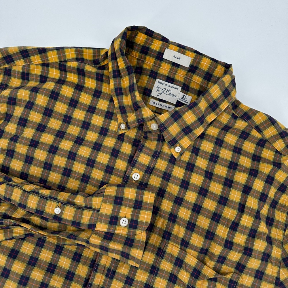 J Crew Secret Wash Slim Fit Plaid Shirt Mens XL Yellow Navy Blue Ivy Tartan